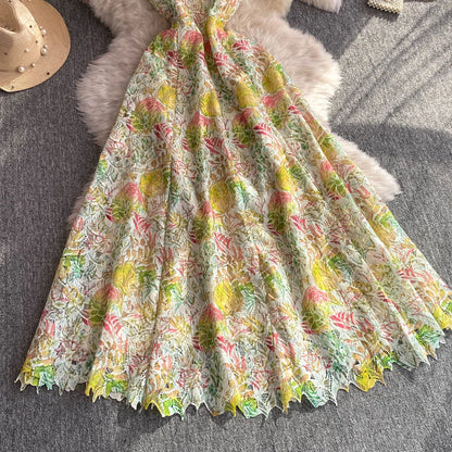 Elegant Lace Casual Sleeveless Chic Hollow Out Print Sexy Straps Dresses