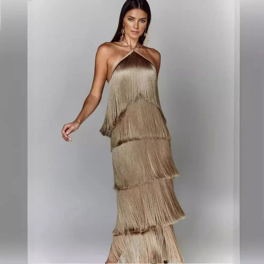 Neck Fringed Backless Slit Dress