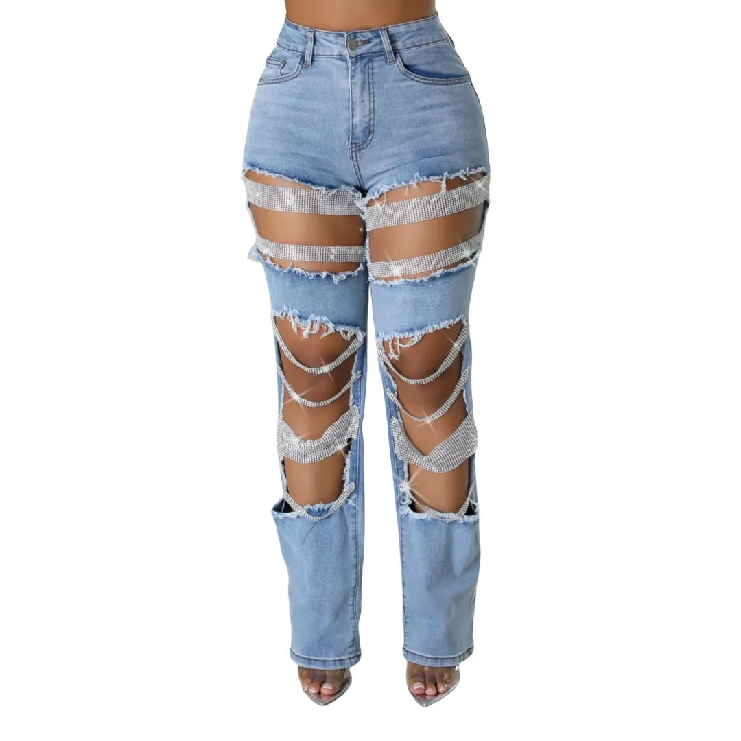 Women's Destroyed Ripped Hole Denim Pants Pearl Rhinestones