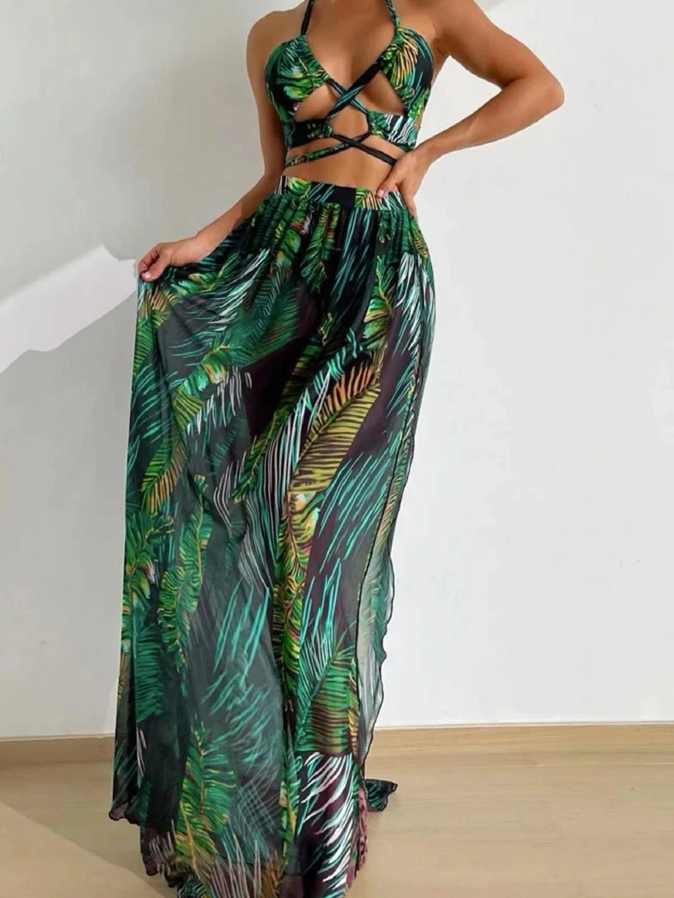 3 Pieces Tie Dye Cross Bikini Swimsuit & Cover Up Pants Swimwear Bathers