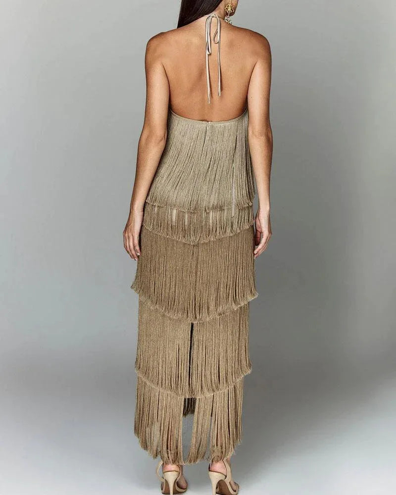 Neck Fringed Backless Slit Dress