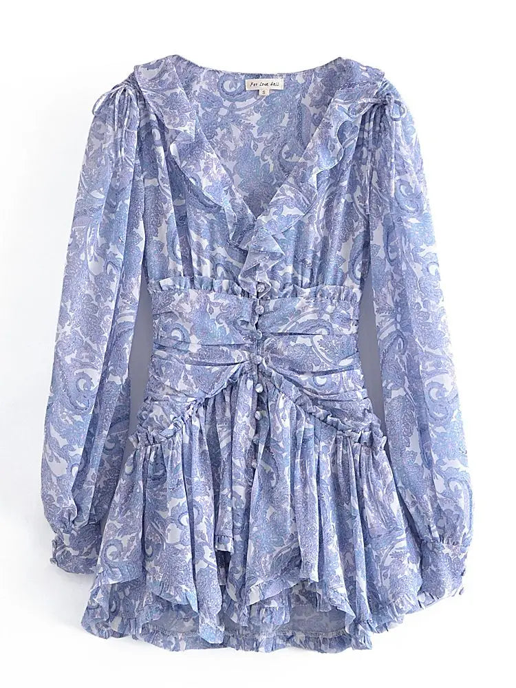 Blue Floral Print Chiffon Mini Dress