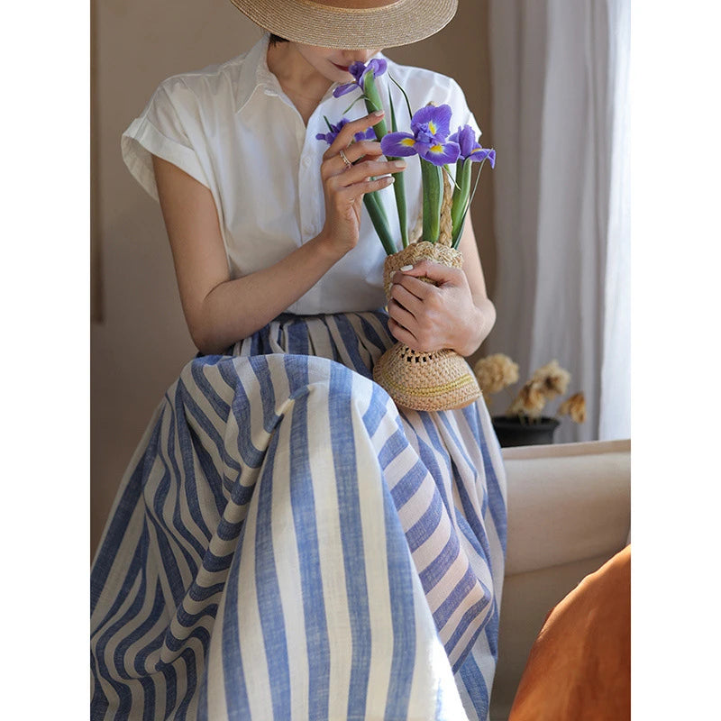 Vintage Blue Striped Skirt  Summer Fashion Trends High Waist