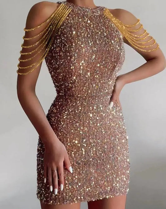 Neck Sexy Chain Wrapped Hip Sequin Sleeveless Slim Fit Dress For Women