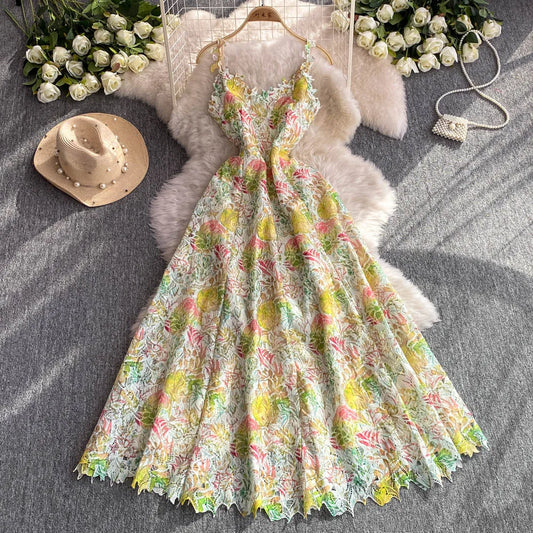 Elegant Lace Casual Sleeveless Chic Hollow Out Print Sexy Straps Dresses