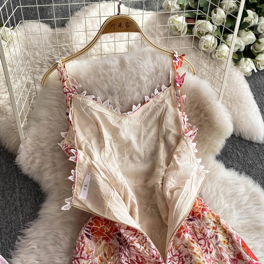 Elegant Lace Casual Sleeveless Chic Hollow Out Print Sexy Straps Dresses
