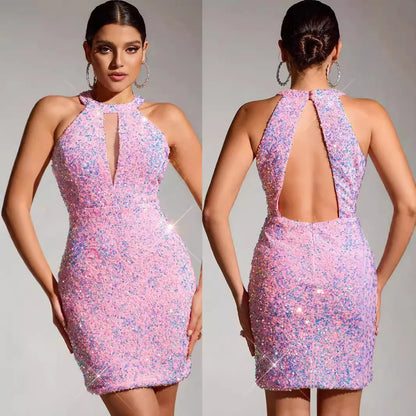 Women Sexy Pink Short Dresses Backless Sequin Elegant Party Dresses