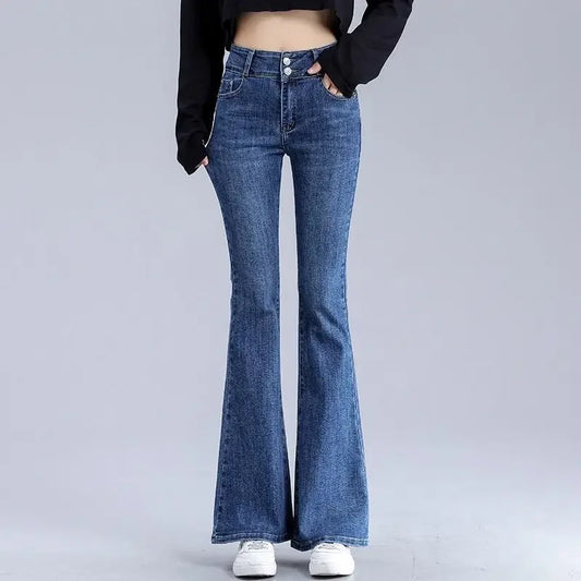 Women's Jeans Blue Flared Female Denim Pants with Pockets Bell Bottom