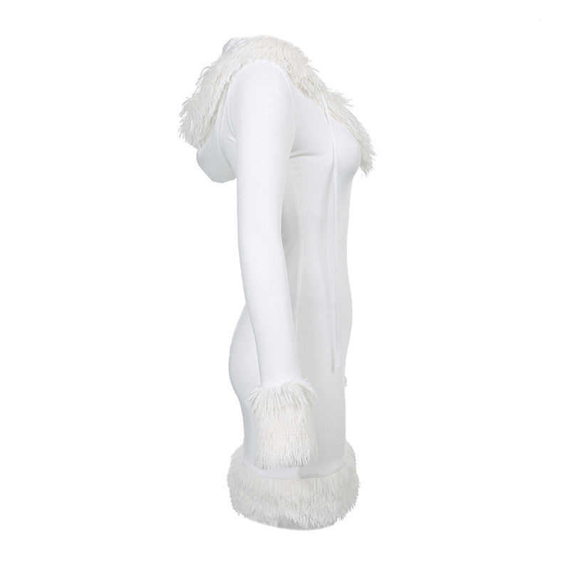 Fur Trim Hooded White Vestidos Women Long Sleeve Mini Bodycon Dress