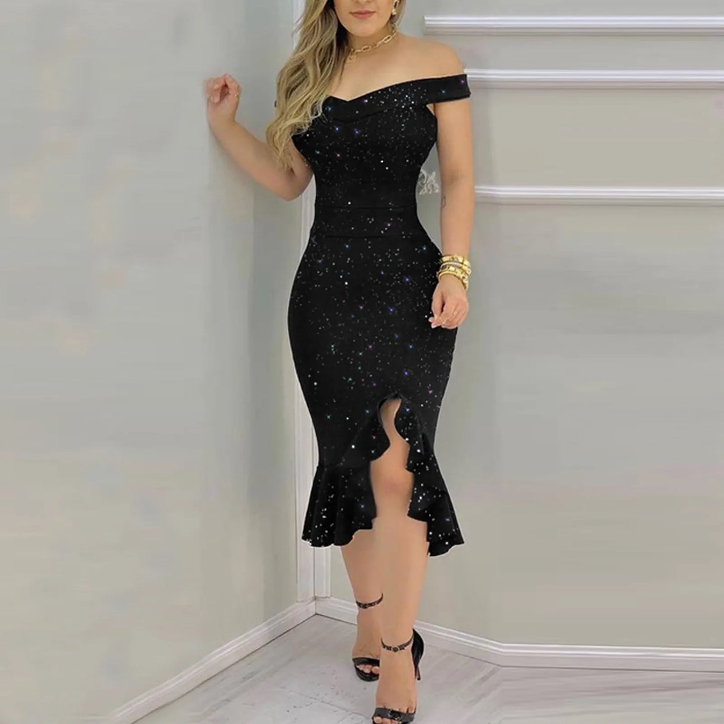 Women's Sexy Summer Off-Shoulder Sequin Ruffle Chiffon Dress