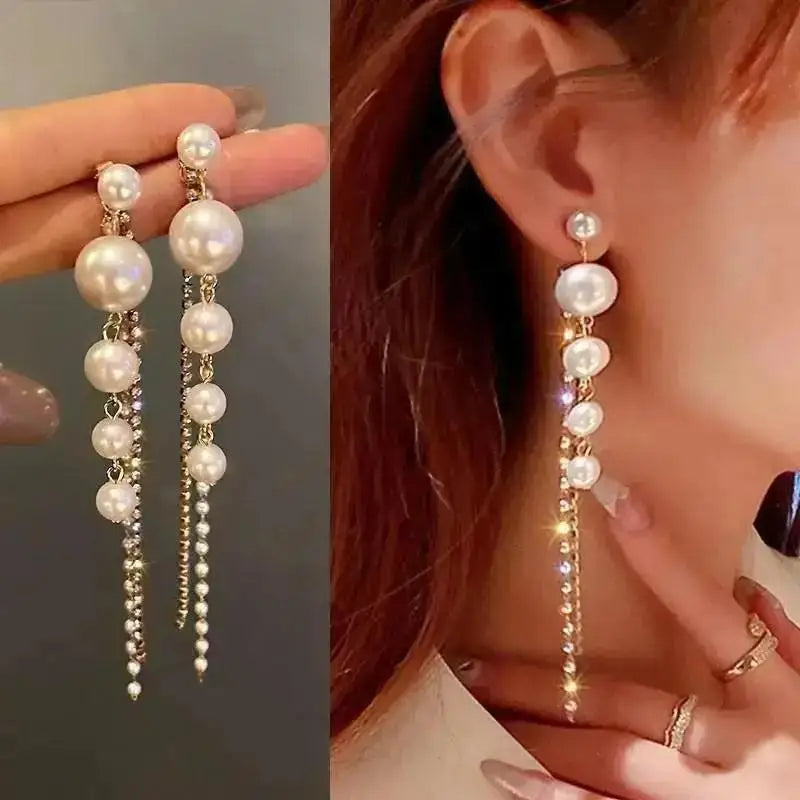 925 Silver Needle Korean Fashion Pearl Tassel Earrings