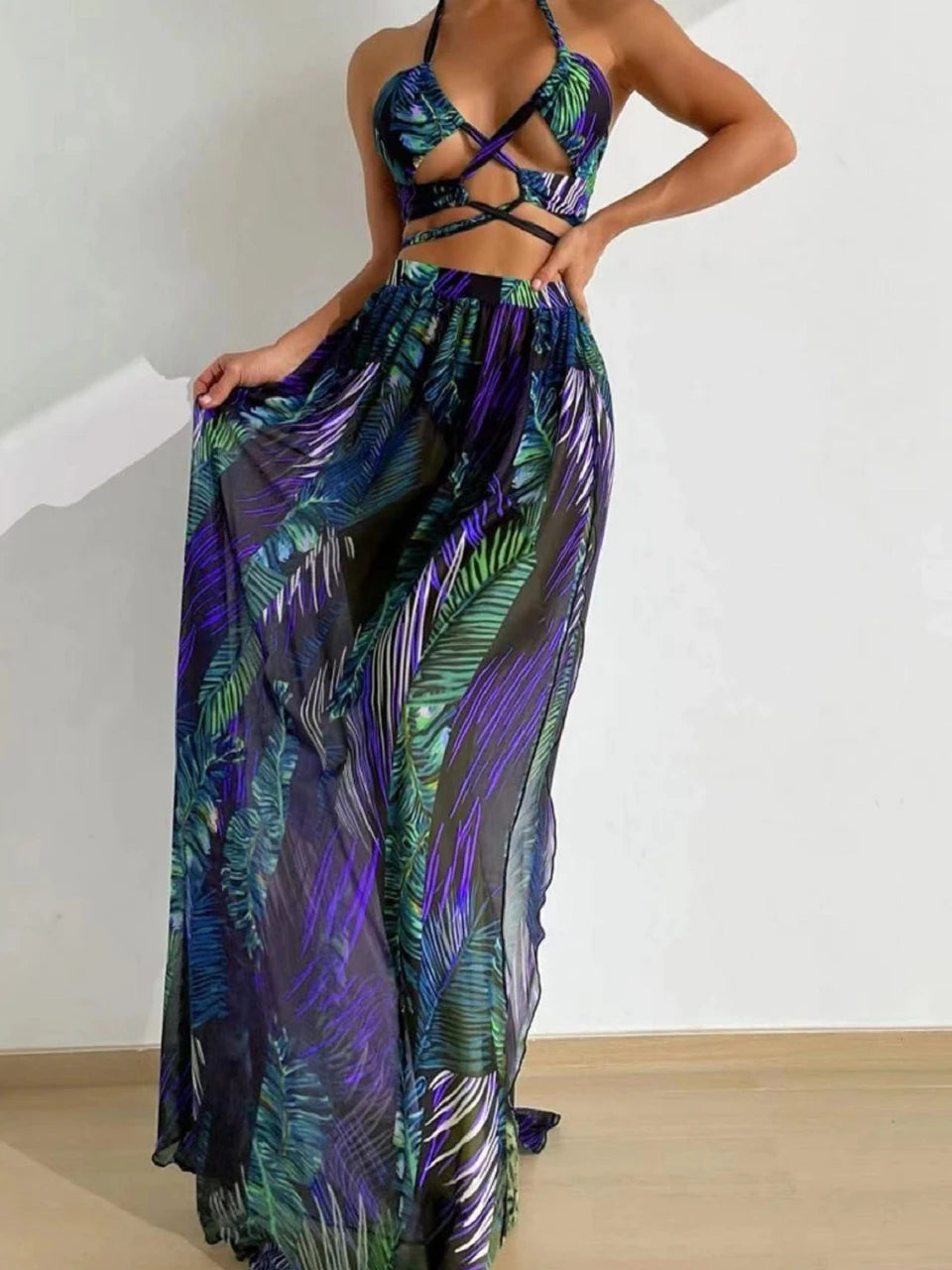 3 Pieces Tie Dye Cross Bikini Swimsuit & Cover Up Pants Swimwear Bathers