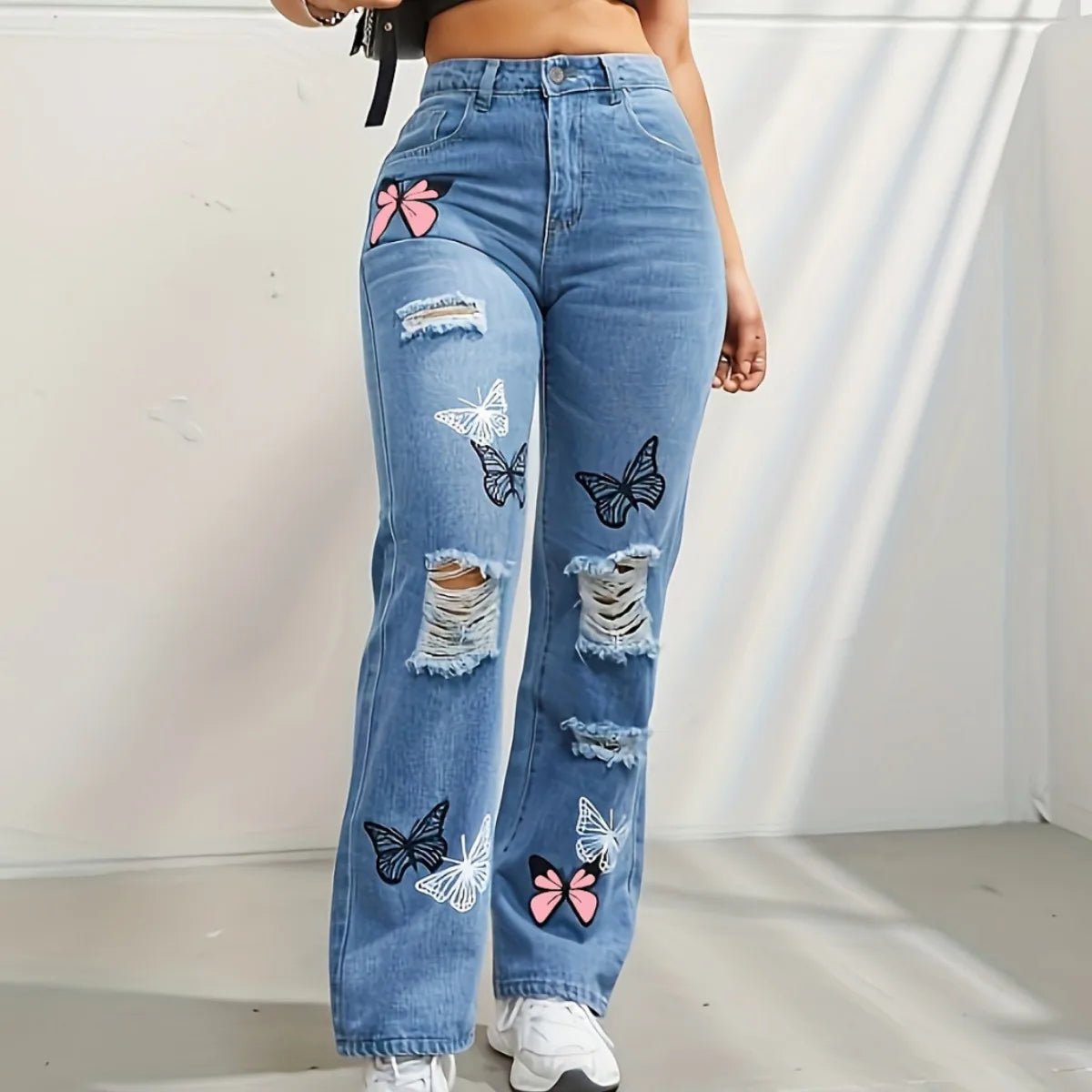 Butterfly Printing Denim Trousers Women Holes Jeans Straight Pants High Waist