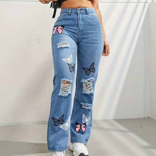 Butterfly Printing Denim Trousers Women Holes Jeans Straight Pants High Waist