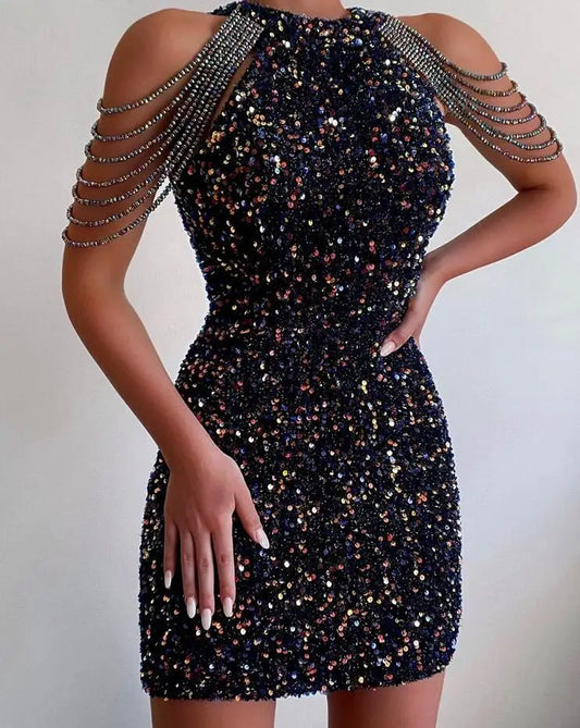 Neck Sexy Chain Wrapped Hip Sequin Sleeveless Slim Fit Dress For Women