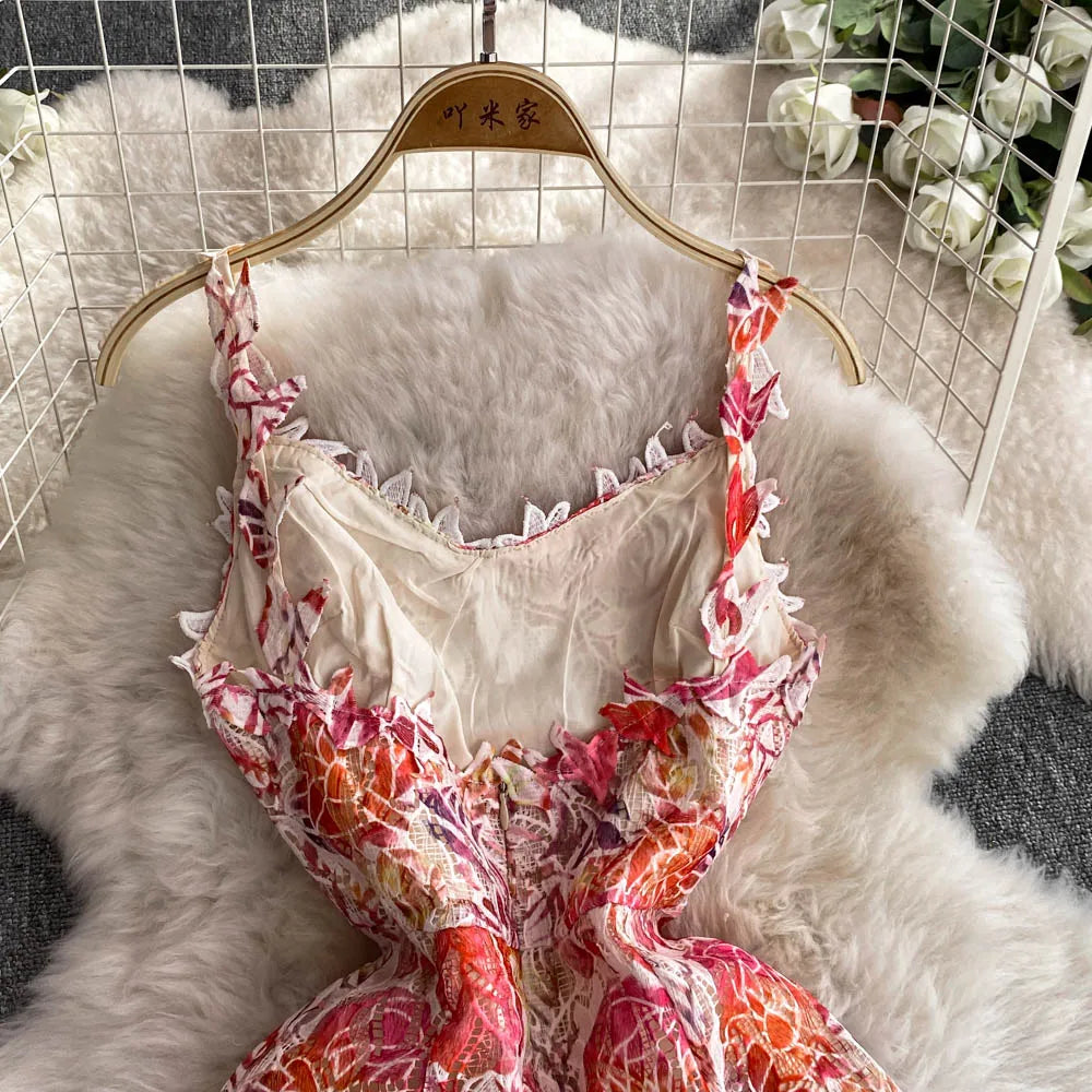 Elegant Lace Casual Sleeveless Chic Hollow Out Print Sexy Straps Dresses