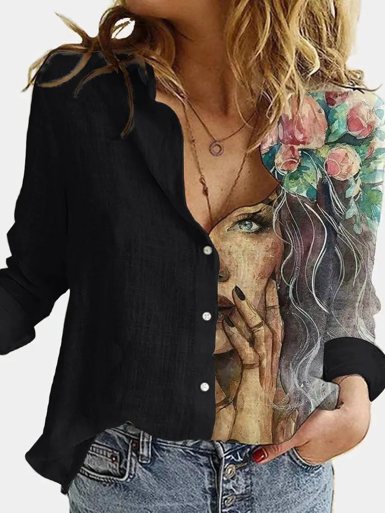 Fashion Retro Face Print Long Sleeve Blouse cotton