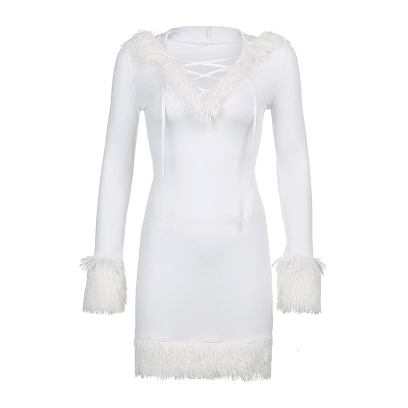 Fur Trim Hooded White Vestidos Women Long Sleeve Mini Bodycon Dress