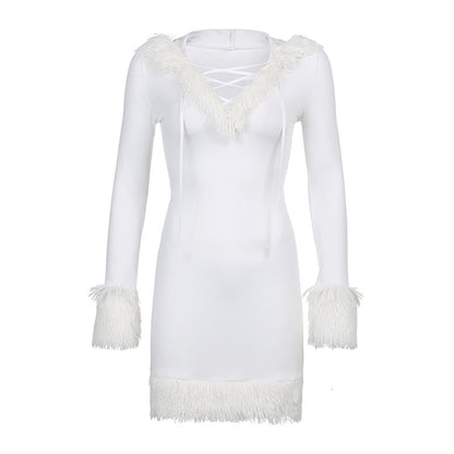 Fur Trim Hooded White Vestidos Women Long Sleeve Mini Bodycon Dress