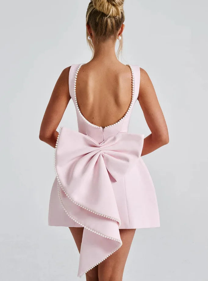 Elegant Pearl Bow Backless Short Dress