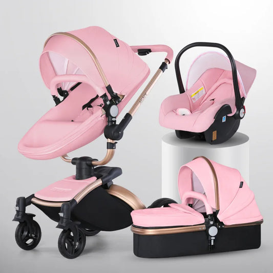 Baby Stroller 3 In 1 Pu leather baby Carriage with Car Seat travel foldable