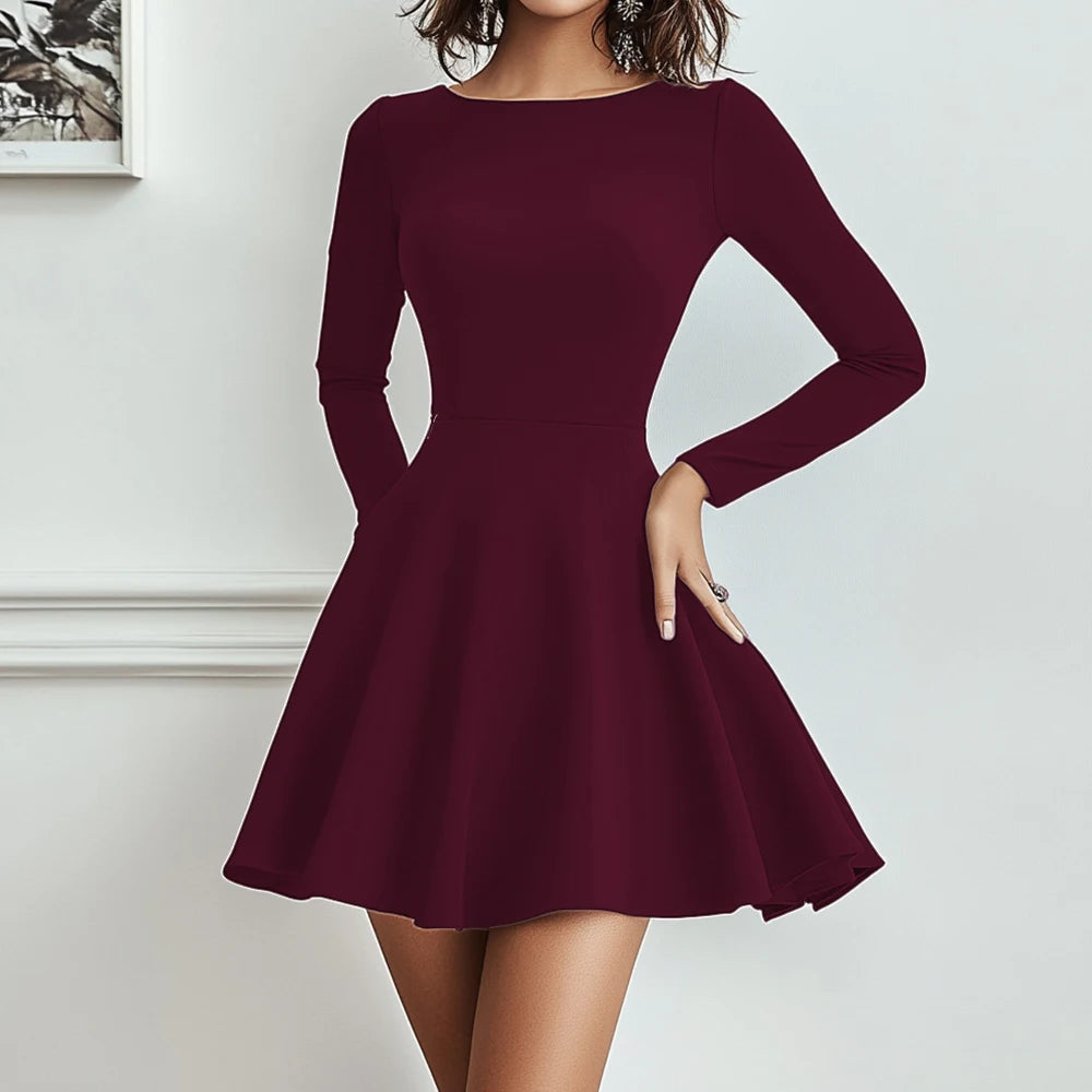 Long Sleeve Round-Neck Mini Shift Casual Dresses
