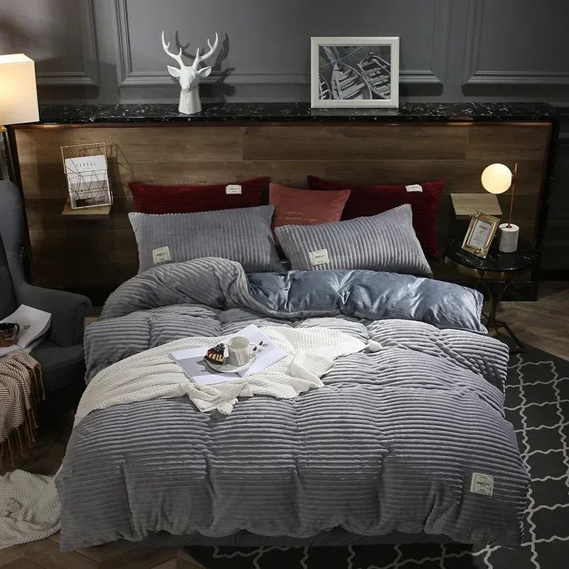 Thick Solid Color Velvet Duvet Cover Winter Warmth Bedding Set