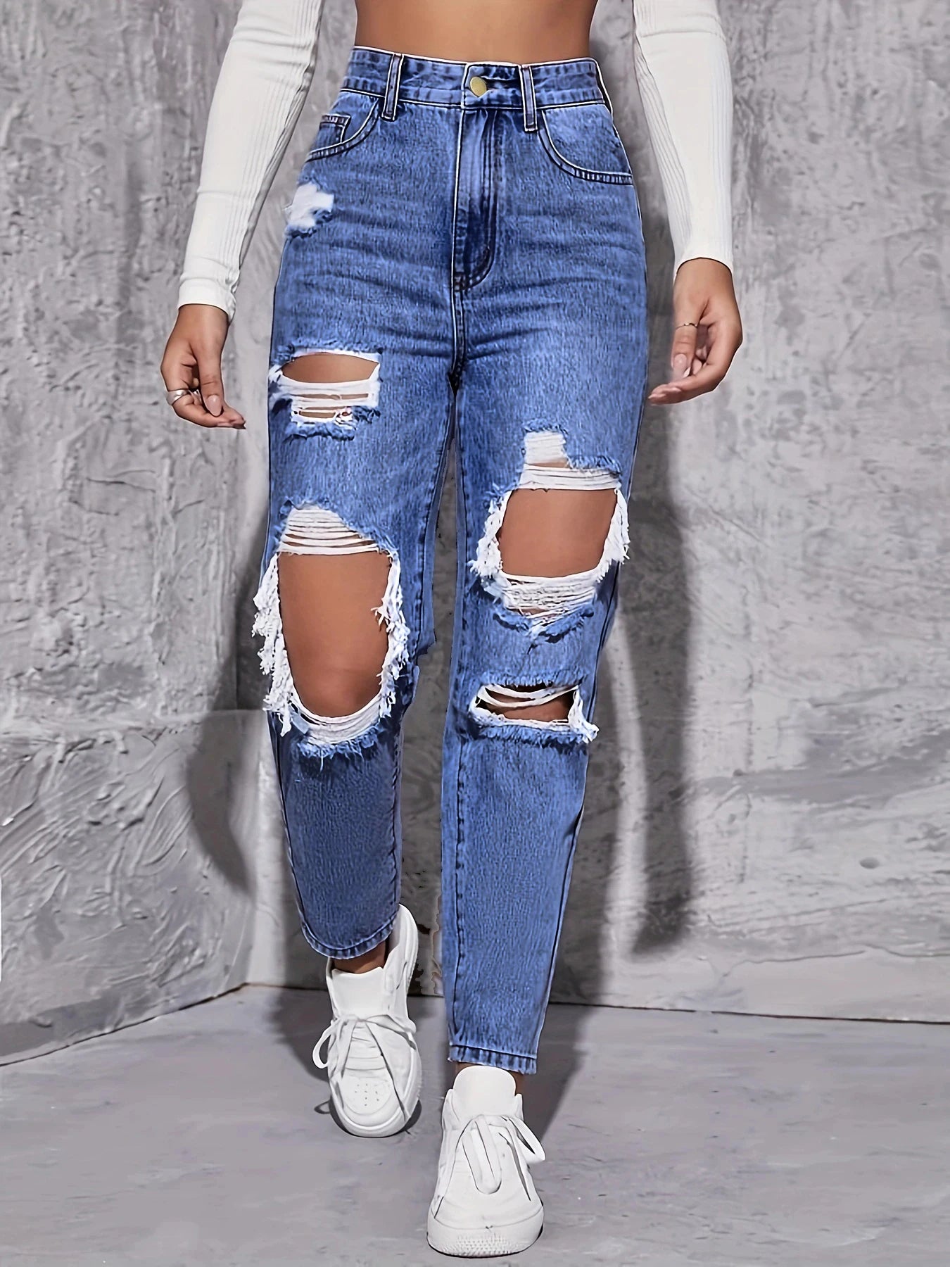 American Retro Hole-punched Jeans Women High Waist