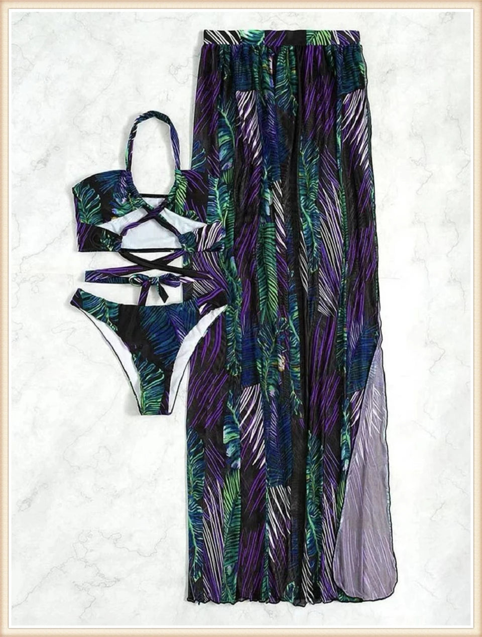 3 Pieces Tie Dye Cross Bikini Swimsuit & Cover Up Pants Swimwear Bathers