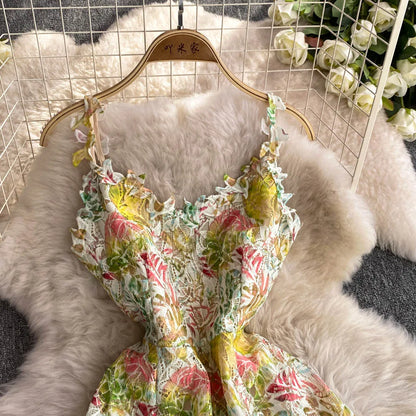 Elegant Lace Casual Sleeveless Chic Hollow Out Print Sexy Straps Dresses