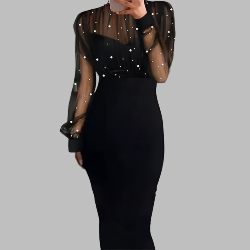 Dots Mesh Lace Evening Dress Long Sleeve Slim Fit