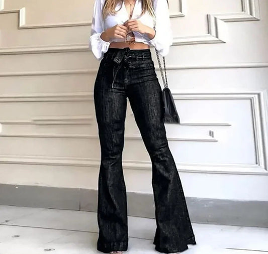 Women Jeans Solid Color High Waist Flare Pants