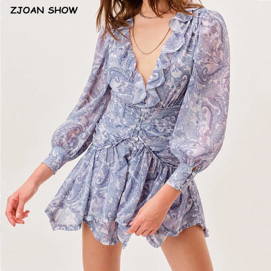 Blue Floral Print Chiffon Mini Dress