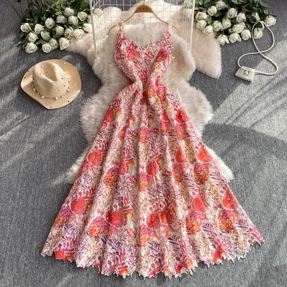 Elegant Lace Casual Sleeveless Chic Hollow Out Print Sexy Straps Dresses