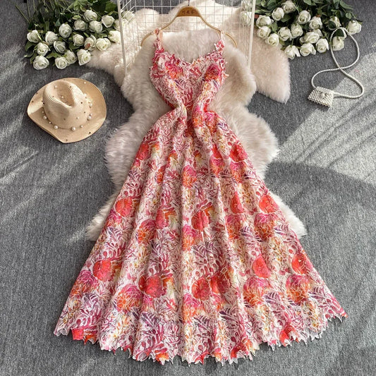 Elegant Lace Casual Sleeveless Chic Hollow Out Print Sexy Straps Dresses