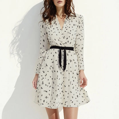 Polka Dot Long Sleeve V-neck Mini  Dress