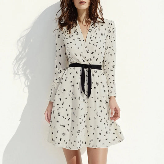 Polka Dot Long Sleeve V-neck Mini  Dress