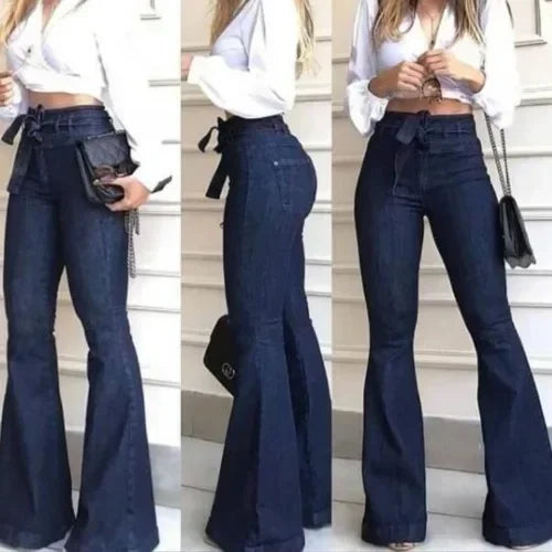 Women Jeans Solid Color High Waist Flare Pants