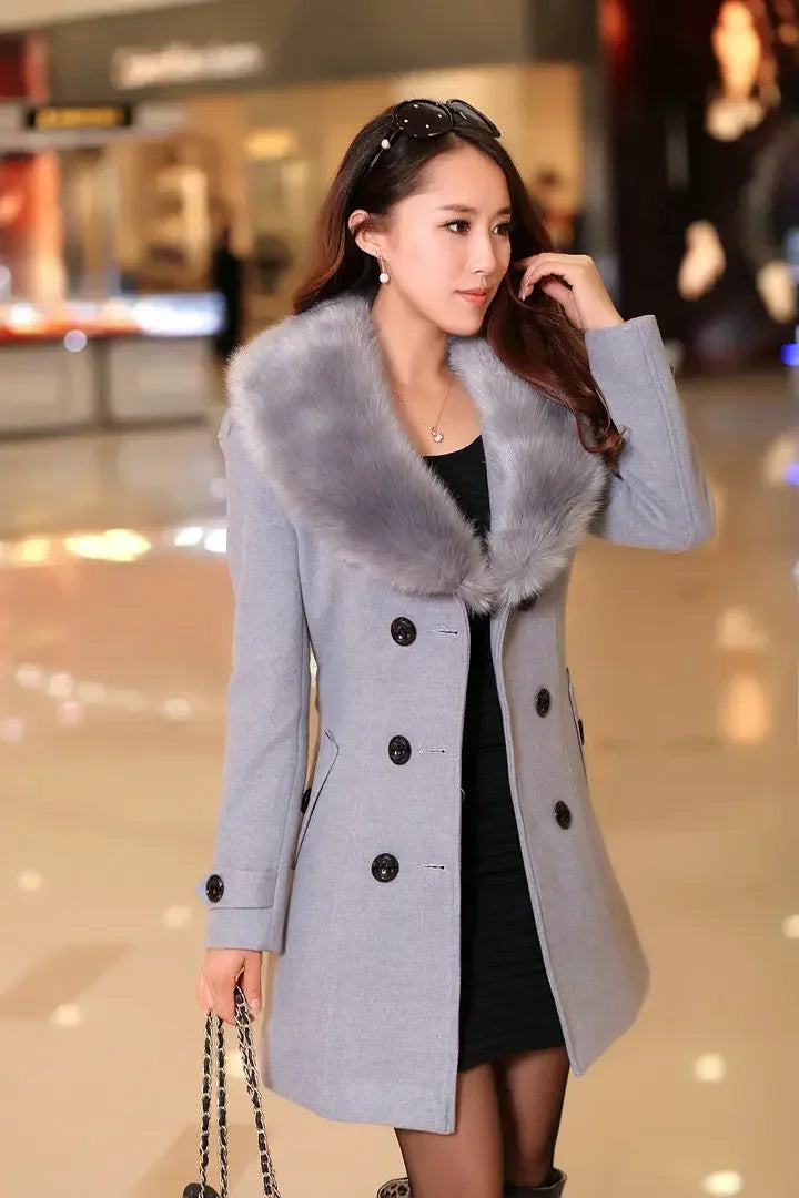 Mid Length Wool Coats Women Fur Collar Splice Blends