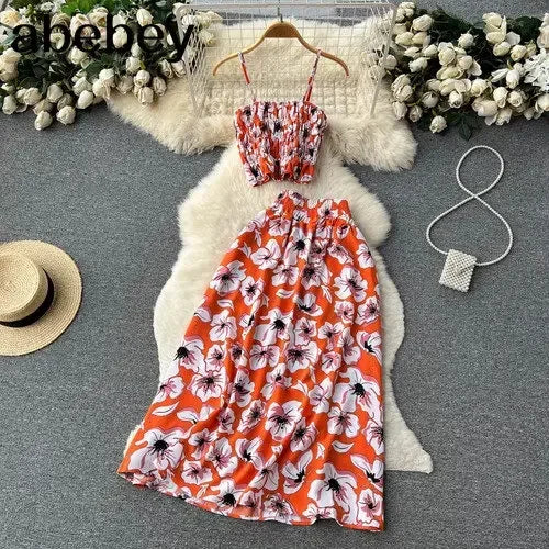 Floral Print Two Pieces Suits Zipper Design Slim Tank Top+ A Line Long Skirt