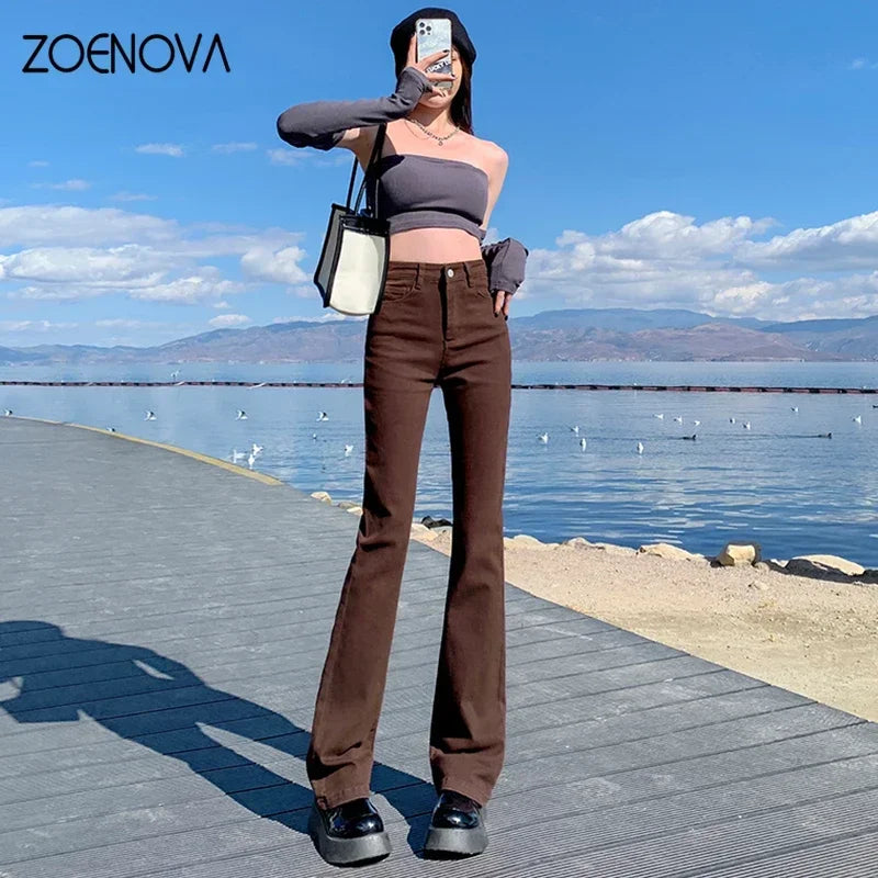 Women Brown Flared Jeans Elastic Skinny Straight