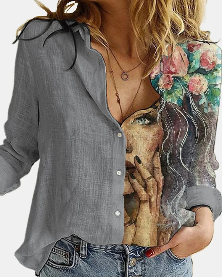 Fashion Retro Face Print Long Sleeve Blouse cotton