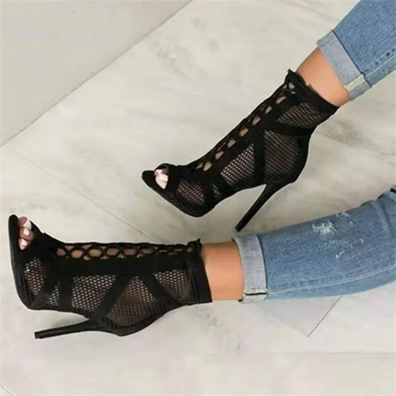 New Fashion Show Black Net Fabric Cross Strap Sexy High Heel Sandals