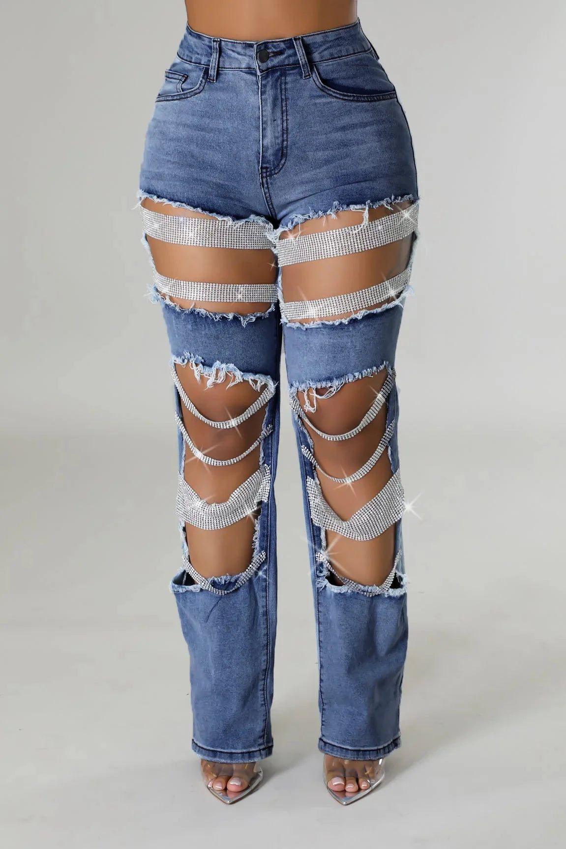 Women's Destroyed Ripped Hole Denim Pants Pearl Rhinestones