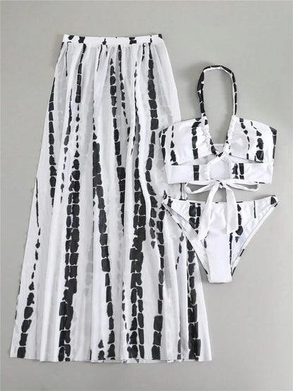 3 Pieces Tie Dye Cross Bikini Swimsuit & Cover Up Pants Swimwear Bathers