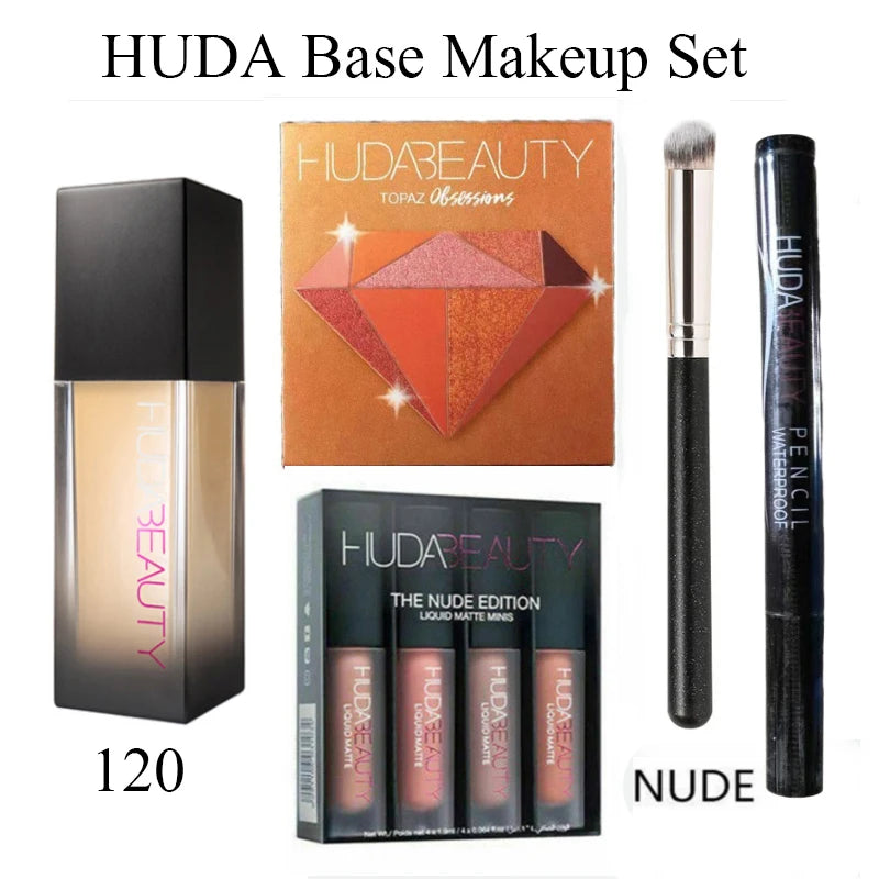 HUDA Base Makeup Set Foundation Lipsticks Eye Shadow Mascara Eye Lashes Brush