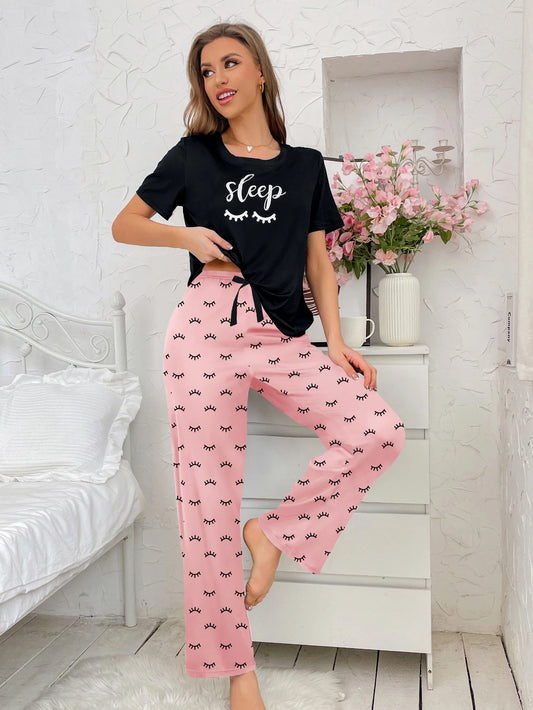 Short-sleeved blouse printed trousers two-piece casual pajamas set