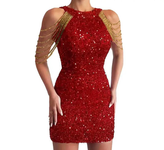 Neck Sexy Chain Wrapped Hip Sequin Sleeveless Slim Fit Dress For Women