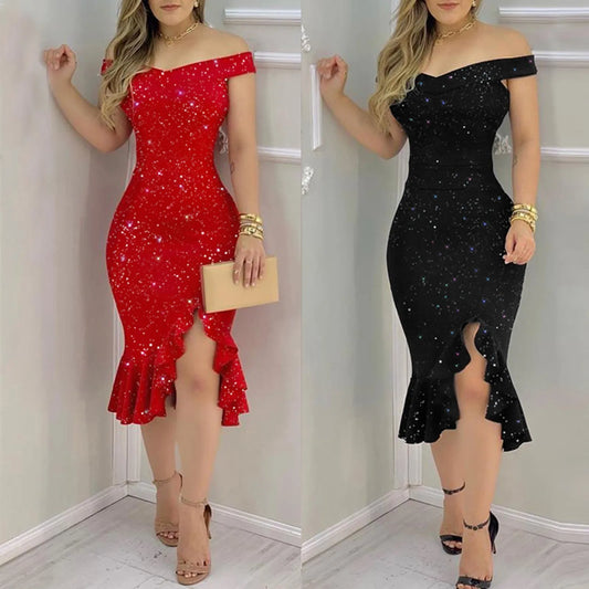 Women's Sexy Summer Off-Shoulder Sequin Ruffle Chiffon Dress