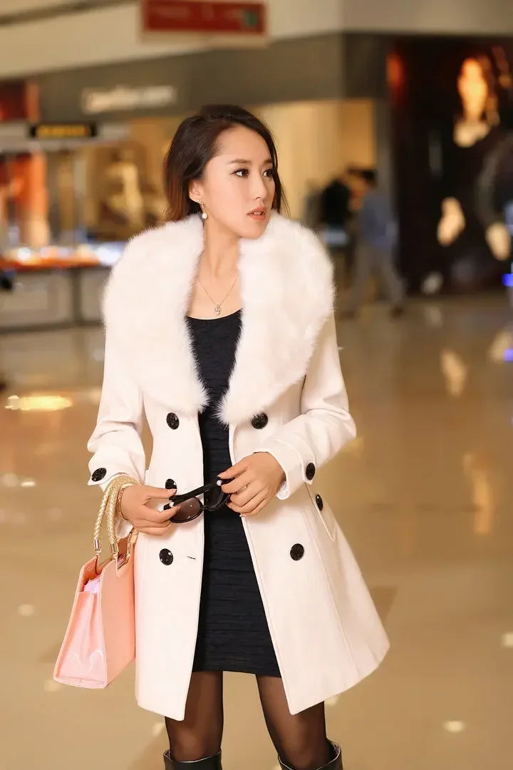 Mid Length Wool Coats Women Fur Collar Splice Blends